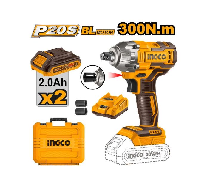 INGCO LITHIUM-LON IMPACT WRENCH 20V BRUSHLESS 300NM - Buildmat Welkom